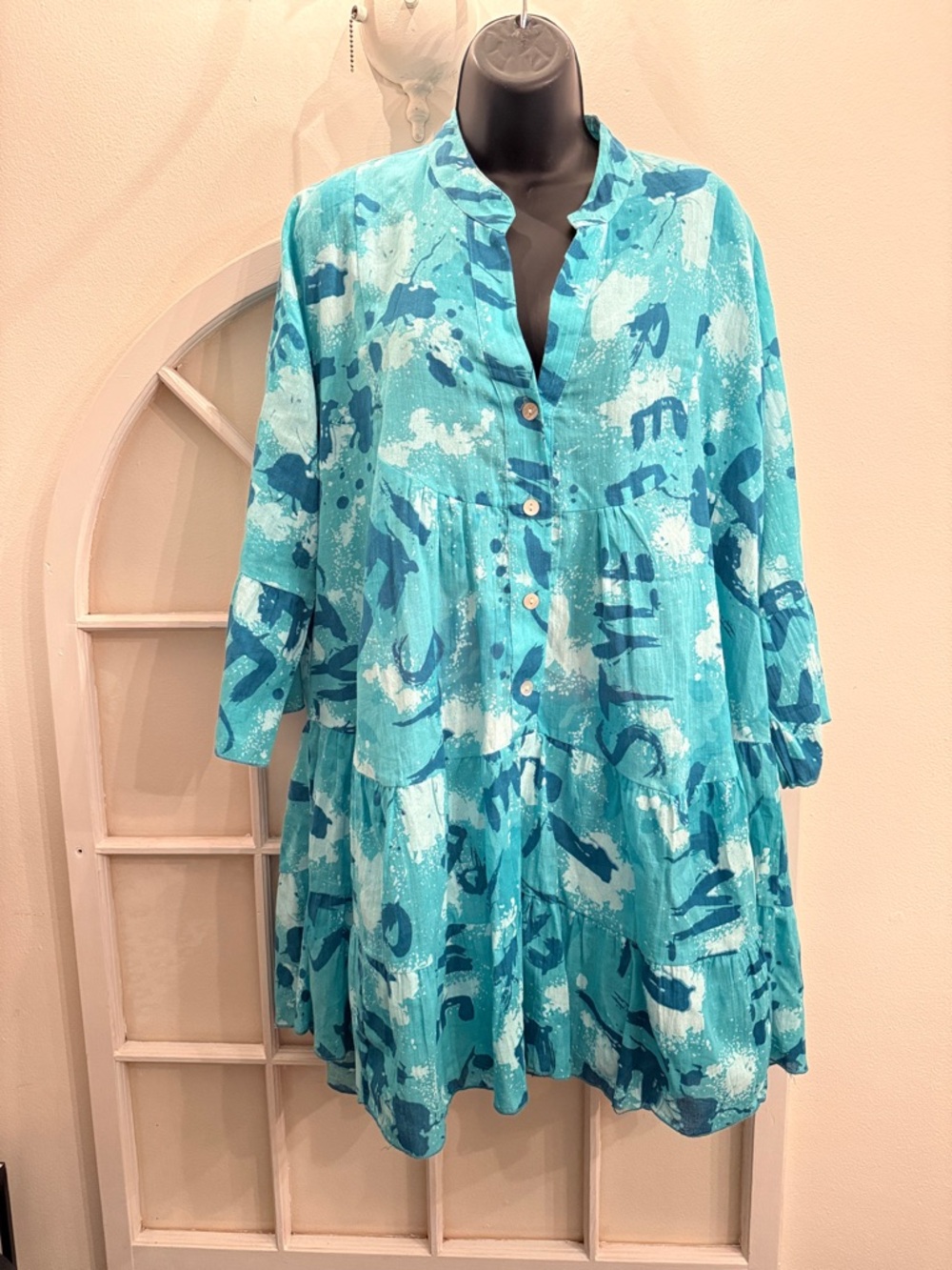 NWT 100 percent cotton Teal & White Tiered Tunic made India